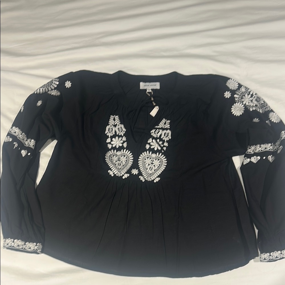 Dear John Black Embroidered 3/4 Sleeve Blouse